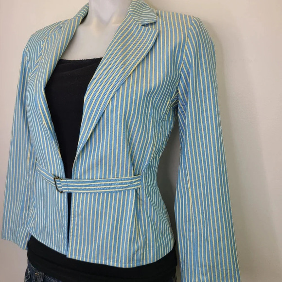 Express Vintage Y2K Pale Blue Yellow Striped Cotton Blazer Jacket 0 - Picture 5 of 10